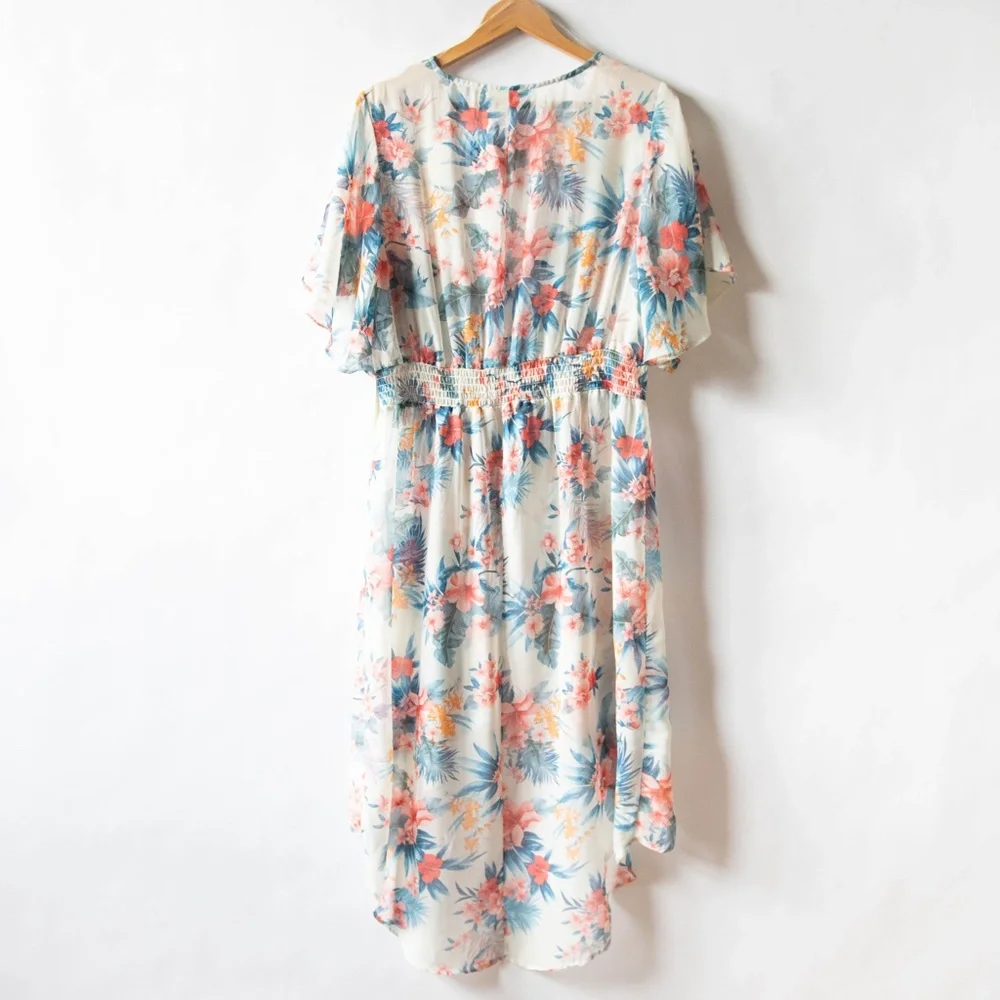 Liberty Love Coverup Kimono Sheer High Low Ruffle Tropical